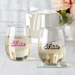 15 oz. Stemless Wine Glass - Retro Bride & Babe (Set of 4)